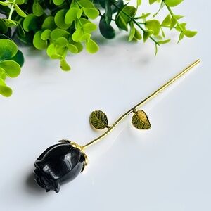 🆕New Obsidian Crystal Rose With Gold Stem- Natural Approximately 8”